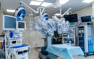 Modern robotic surgery hospital room. New technology surgical clinic.
